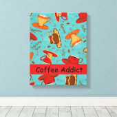 コーヒー中毒カスタマイズ赤ターコイズコーヒーカップ キャンバスプリント (インサイチュ (ウッドフロア))