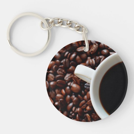 コーヒー入りコーヒーカップ、コーヒー豆 キーホルダー (正面)