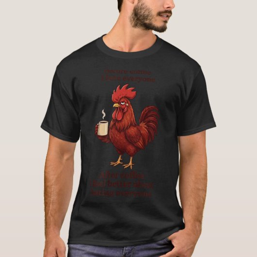コーヒー前とコーヒー後の面白いSユーモア メンズ Tシャツ (正面)