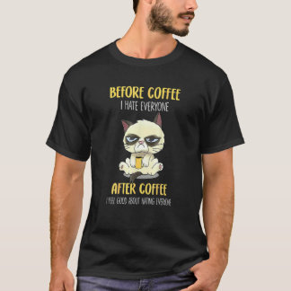 コーヒー前のぐったり猫 みんな嫌い コーヒー後の気分屋猫 Tシャツ