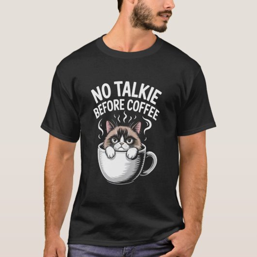 コーヒー前の喋り無し 猫 マグカップ 冗談 ジョーク 笑える メンズ Tシャツ (正面)