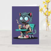 コーヒー好きのゾンビキャット カード (黄色い花)