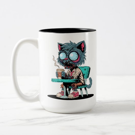 コーヒー好きのゾンビ猫 ツートーンマグカップ (左)