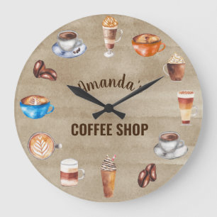 コーヒー好きの水彩ビジネスコーヒーショップ ラージ壁時計
