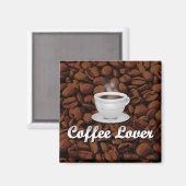 コーヒー好き、ホワイトカップ/ブラウンビーンズ マグネット (正面/裏面)