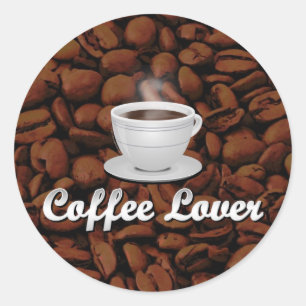 コーヒー好き、白いカップ/ブラウンビーンズ ラウンドシール