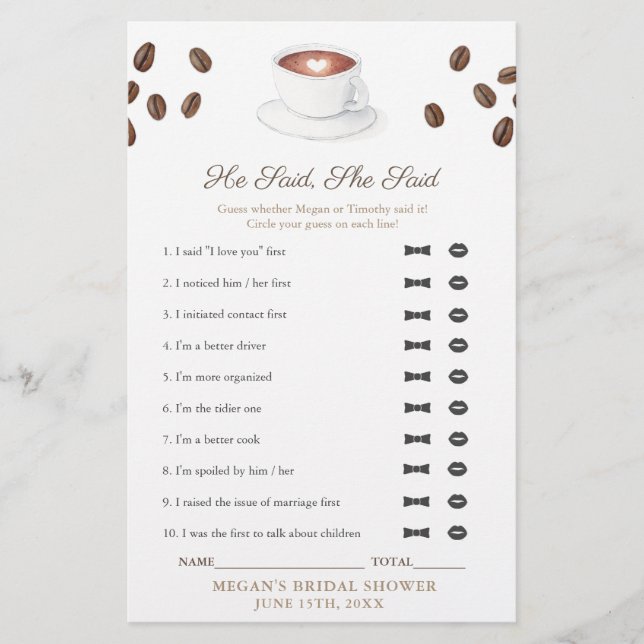 コーヒー彼は彼女はブライダルシャワーゲームカードと言った (正面)