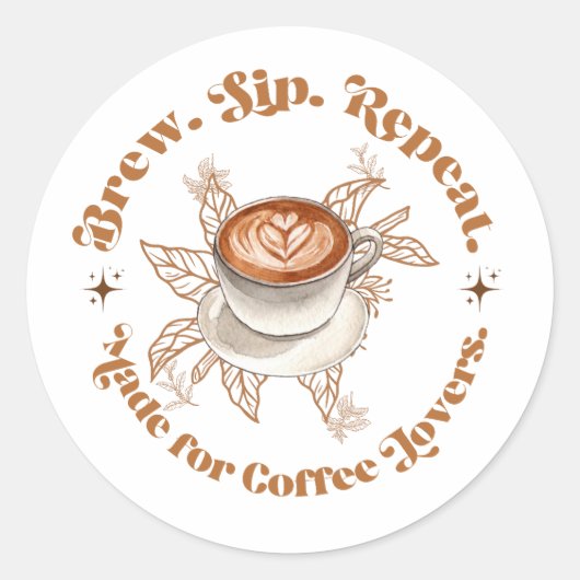 コーヒー愛好家のためのサークルアート「Brew Sip Repeat」 ラウンドシール (正面)