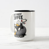 コーヒー愛好家のための面白いマグカップギフト「BUT FIRST COFFEE」 ツートーンマグカップ (正面左)