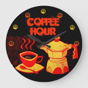 コーヒー時間の/Redの黄色いコーヒーカップおよびcoffeepot ラージ壁時計