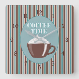 コーヒー時間青い縞の時計 スクエア壁時計
