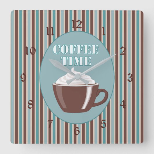 コーヒー時間青い縞の時計 スクエア壁時計 (正面)