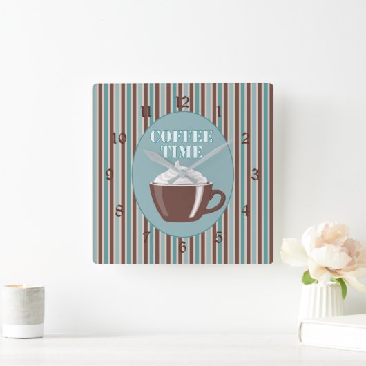 コーヒー時間青い縞の時計 スクエア壁時計 (ホーム)
