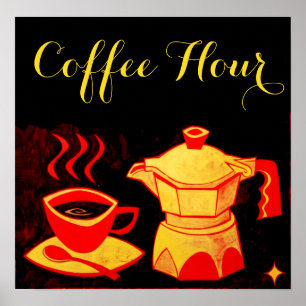 コーヒー時間/赤イエローコーヒーカップ及びコーヒーポット ポスター