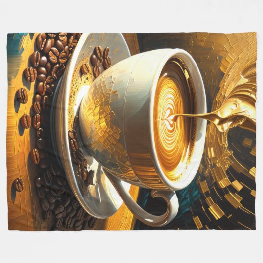 コーヒー絵画カップとコーヒー豆抽象芸術の フリースブランケット (正面(横))