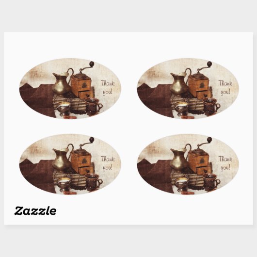 コーヒー豆と古いコーヒーミルあなた感謝していのステッカー 楕円形シール (シート)