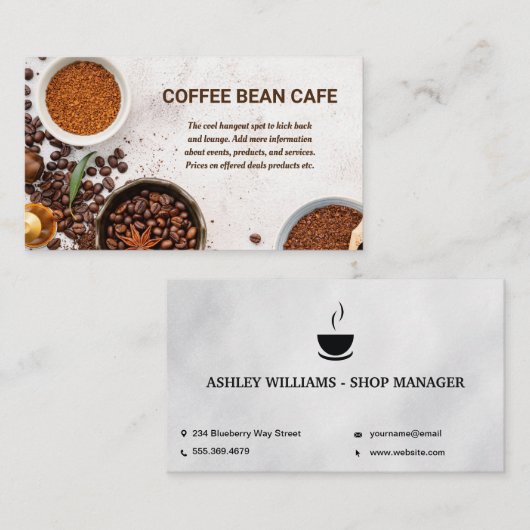 コーヒー豆と大理石のテーブル上の粉砕 名刺 (正面/裏面)