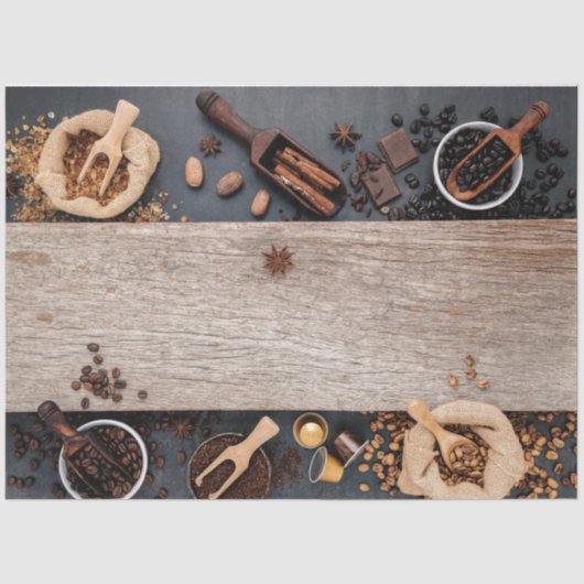 コーヒー豆と木材のデコページティッシュペーパー 薄葉紙 (正面)