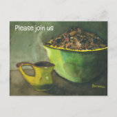 コーヒー豆のボウルと朝のコーヒー(水彩画) インビテーションポストカード (正面)