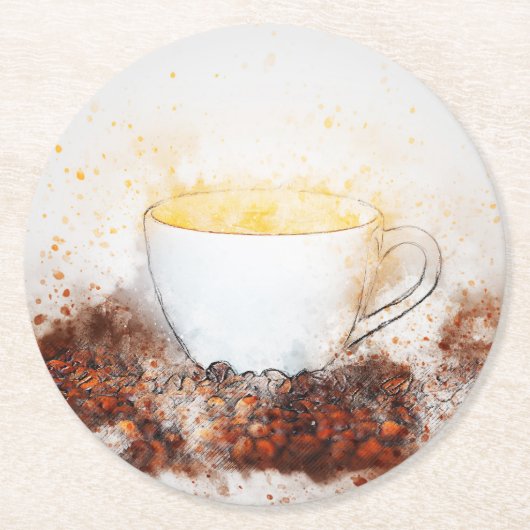 コーヒー豆の中の熱いコーヒーのスケッチ ラウンドペーパーコースター (正面)