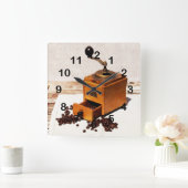 コーヒー豆の古いコーヒーミル スクエア壁時計 (ホーム)