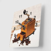 コーヒー豆の古いコーヒーミル スクエア壁時計 (傾斜)