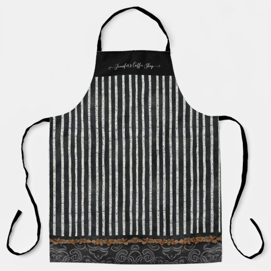 コーヒー豆ダマスクストライプの白黒お名前 エプロン (正面)