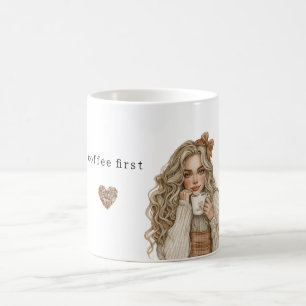 コーヒー豆ハートクリームブロンド女性 コーヒーマグカップ