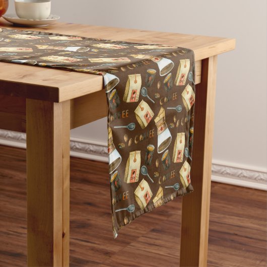 コーヒー豆ポットバッグスプーンのパターン ロングテーブルランナー (インサイチュ)