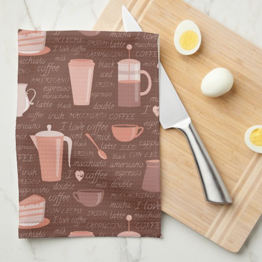 コーヒー関連の要素が付いているパターン キッチンタオル (四つ折り)