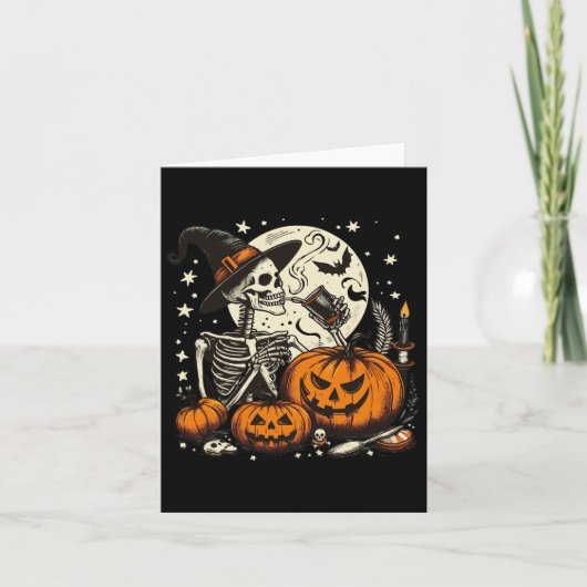 コーヒー飲みスケルトンのパンプキンハロウィーンの衣装 カード (正面)