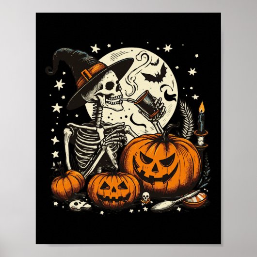 コーヒー飲みスケルトンのパンプキンハロウィーンの衣装 ポスター (正面)