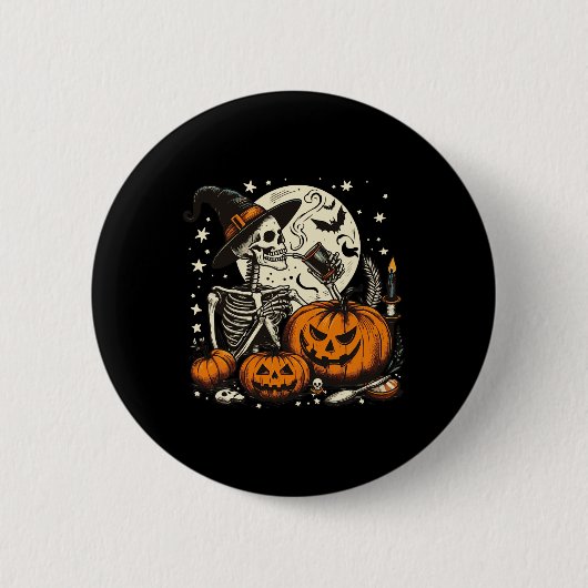 コーヒー飲みスケルトンのパンプキンハロウィーンの衣装 缶バッジ (正面)