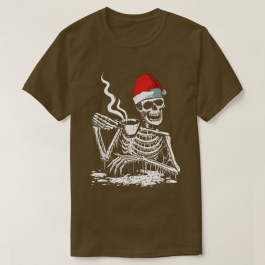 コーヒー飲みスケルトンSanta Christmas おもしろい XMa Tシャツ (デザイン正面)