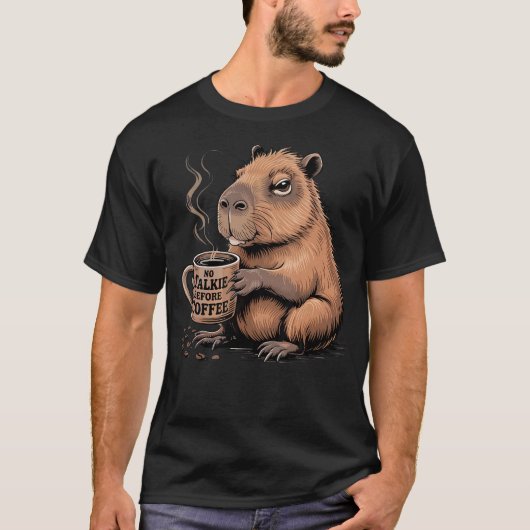 コーヒー飲むまでノー・トーキー カピバラ コーヒー好き Tシャツ (正面)