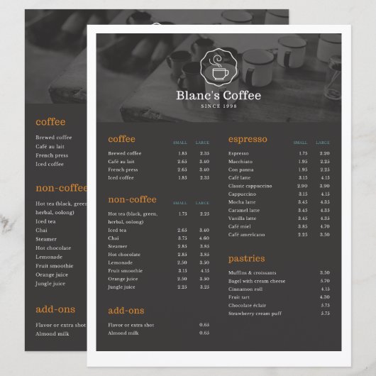 コーヒー飲料リスト (正面/裏面)