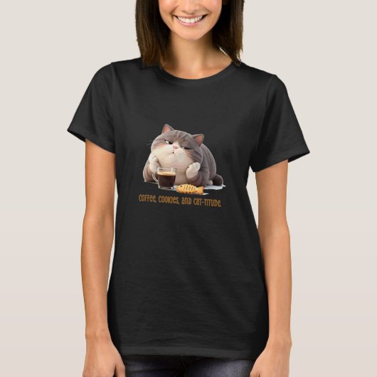 コーヒー、クッキー、そして猫好きの気分を込めたデザイン Tシャツ (正面)