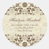 コーヒー&クリームヴィンテージダマスクレース差出人住所 ラウンドシール (正面)