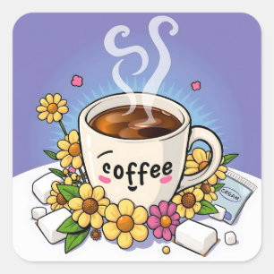 コーヒー、クリーム、花お洒落漫画 スクエアシール