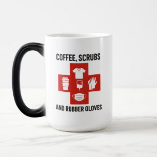 コーヒー、スクラブ、ゴム手袋のマグ モーフィングマグカップ