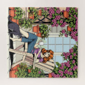 コーヒー、ネコ、植物を持つ女性 ジグソーパズル (横)