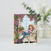 コーヒー、ネコ、植物を持つ女性 ポストカード (スタンド正面)