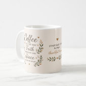 コーヒー、信仰、そして慈悲 励ましのマグカップ コーヒーマグカップ (正面左)