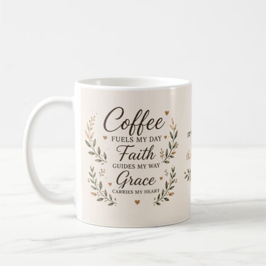 コーヒー、信仰、そして慈悲 励ましのマグカップ コーヒーマグカップ (左)