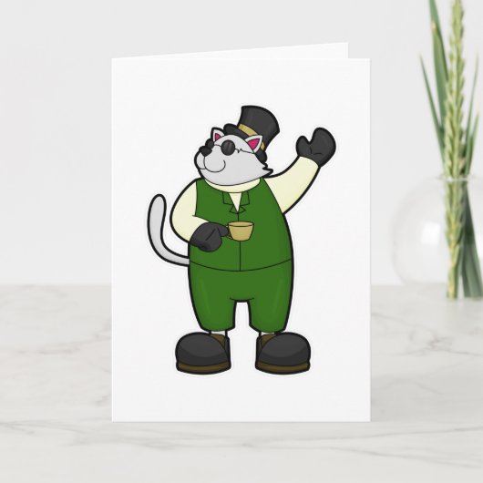 コーヒー&帽子を持つグルーミングの猫 カード (正面)