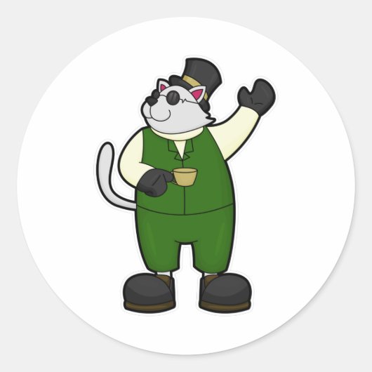 コーヒー&帽子を持つグルーミングの猫 ラウンドシール (正面)