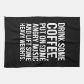 コーヒー、怒っている音楽、重い重量-おもしろいなトレーニング キッチンタオル (横)