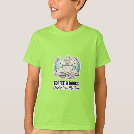 コーヒー＆本 キッズTシャツ | かわいい読書好き  Tシャツ (正面)