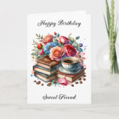 コーヒー、本、花のパーソナライズされた誕生日 カード (正面)