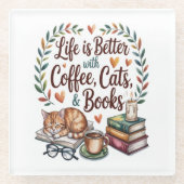 コーヒー 猫 本のある暮らし ガラスコースター (正面)